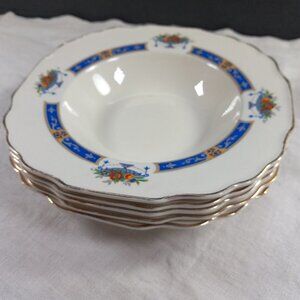 Myott Soup Bowls Fruit in Urn Set of 5 MYO100 Blue Band Scalloped Edge England